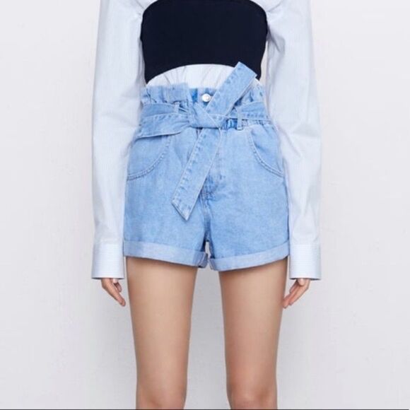Zara Denim Paper Bag Self Tie Waist High Rise Cuffed Shorts Sz 4 - Picture 1 of 8